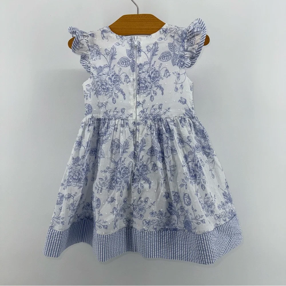 Bonnie Baby Dotted Swiss Seersucker Blue Toile Floral Print Dress with Bloomers - Picture 2 of 5